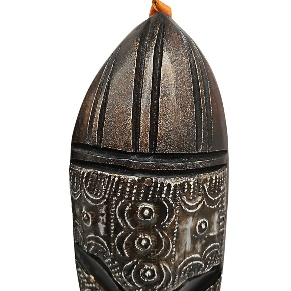 Hand Carved African Tribal Wall Mask Ethnic Decor Intricate Patterns Hang Loop - Picture 5 of 7